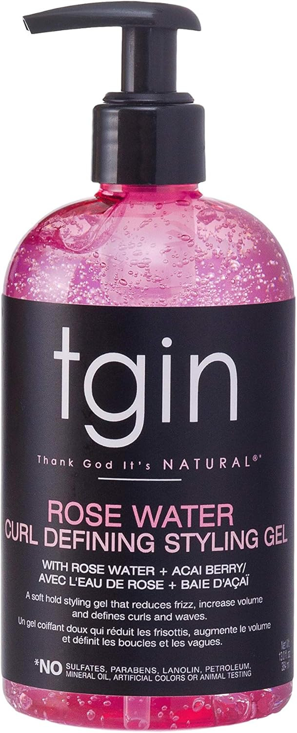 tgin Rose Water Defining Styling Gel for Curly, Coily and Wavy Hair, Reduce Frizz, Light Hold, Moisturizes and Defines Curls, 13 oz