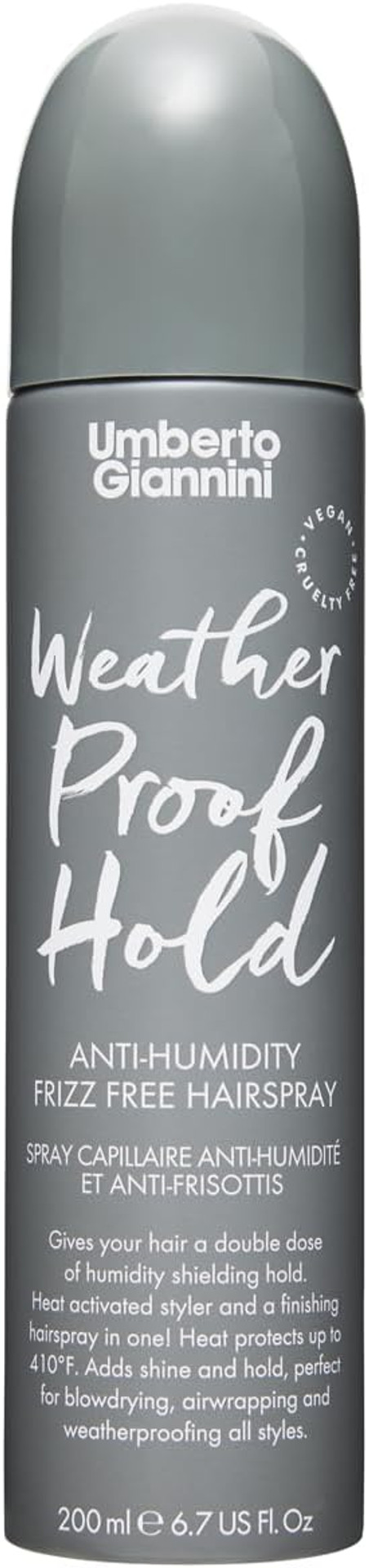 Umberto Giannini Frizz Weatherproof Hairspray 200ml, Anti-Frizz, Ultra-lightweight, Heat Protecting, Anti-Humidity, Medium-Hold Hairspray, enriched with Vitamin E for Shiny, Glossy and Glass Hair