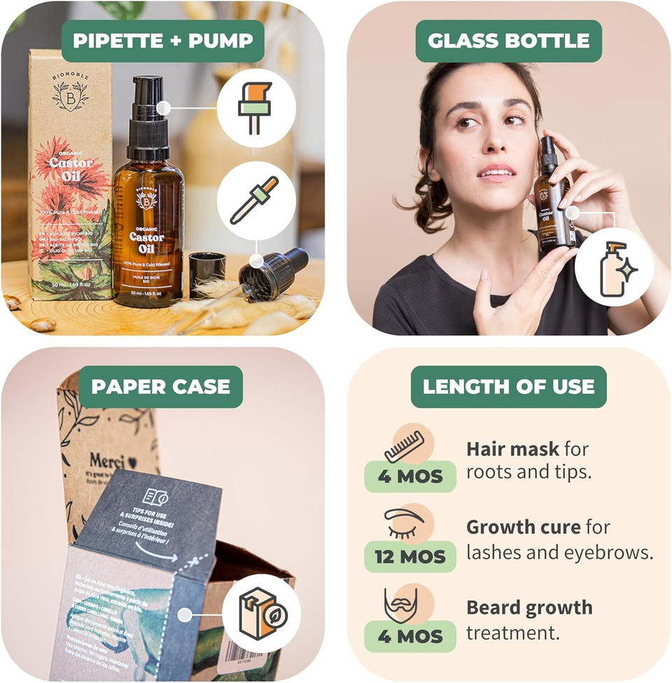 BIONOBLE Castor Oil Organic and Cold Pressed - Glass Bottle, Pipette and Pump - Vegan and Hexane Free Organic Castor Oil - Hair Growth Oil, Lash Serum, Beard Oil - 50ml