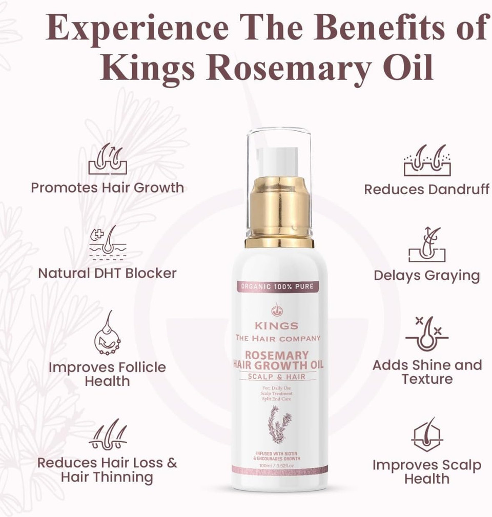 Kings 100% Natural Rosemary Oil with Biotin, Promotes Hair Growth & Prevents Loss, Organic Rosemary Oil for Hair Growth - Hair fall Solution for Dry, Damaged Hair for Men and Women  100 ml