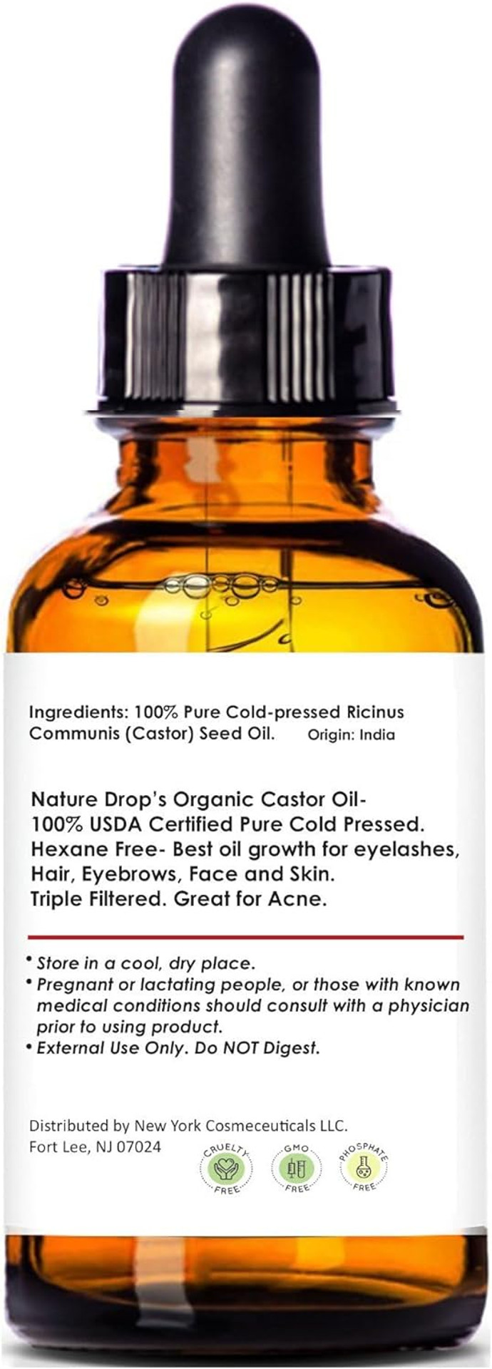 Nature Drop's Organic Castor Oil1 oz - 100% USDA Certified Pure Cold Pressed Hexane free - Best oil Growth For Eyelashes Hair Eyebrows Face and Skin Triple Filtered Great for Acne