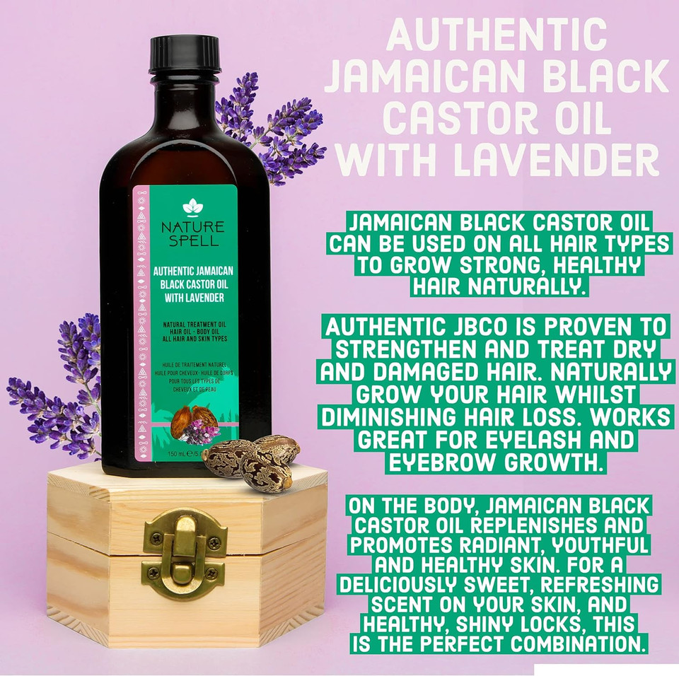 Nature Spell Authentic Jamaican Black Castor Oil with Lavender for Hair & Body 150 ml - Strengthen Hair Roots - Treat Dry and Damaged Hair