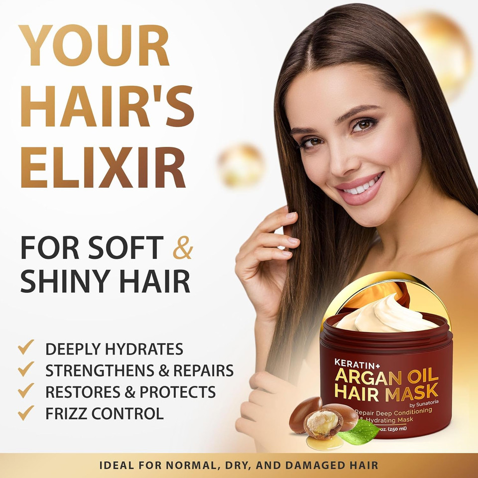SUNATORIA NEW Argan Moroccan Oil Hair Mask + Keratin Hair Treatment - Hair Conditioner for Dry, Damaged, Frizzy Hair & Split End - Deep Conditioning Hair Treatment & Repair Hair Care
