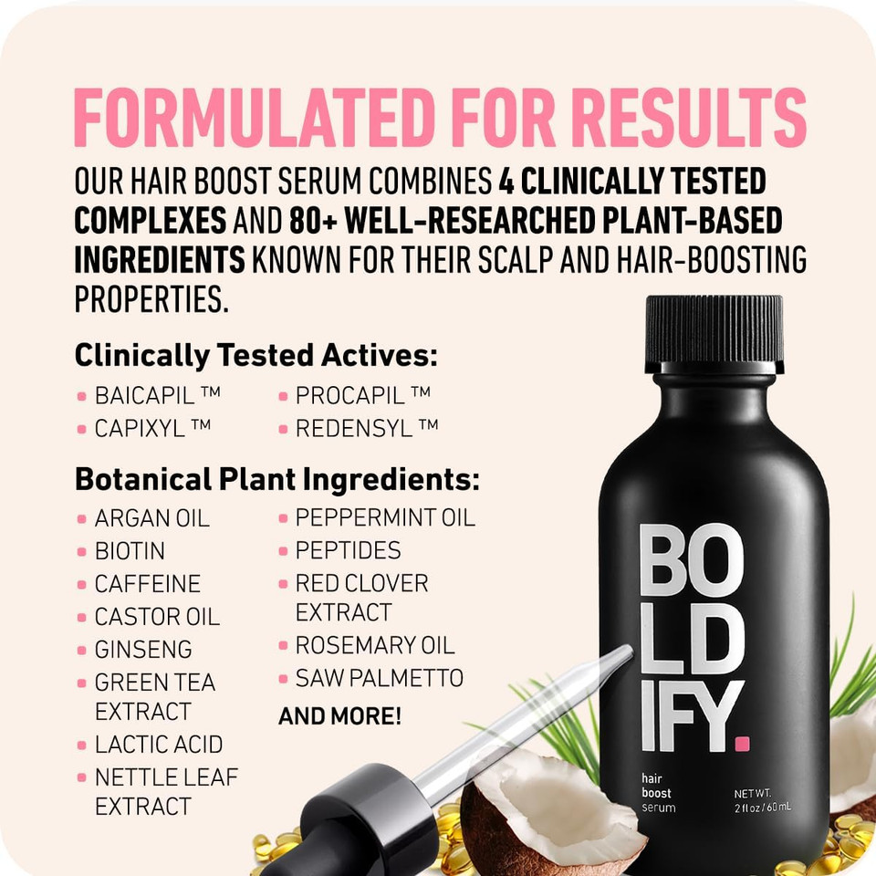 BOLDIFY Hair Growth Serum, All Natural Scalp Treatment, Contains 30 Natural Hair Boosters, Growth Oil for Women & Men, Lightweight Non-Greasy Serum for All Hair Types - 2 oz
