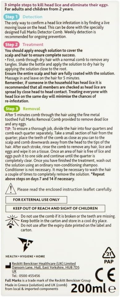Full Marks 200ml Head Lice Solution - Simple 5-Minute Formula, Eliminates Lice & Eggs, Includes Comb, Effective Scalp Care In One Use, Fast-Acting Treatment