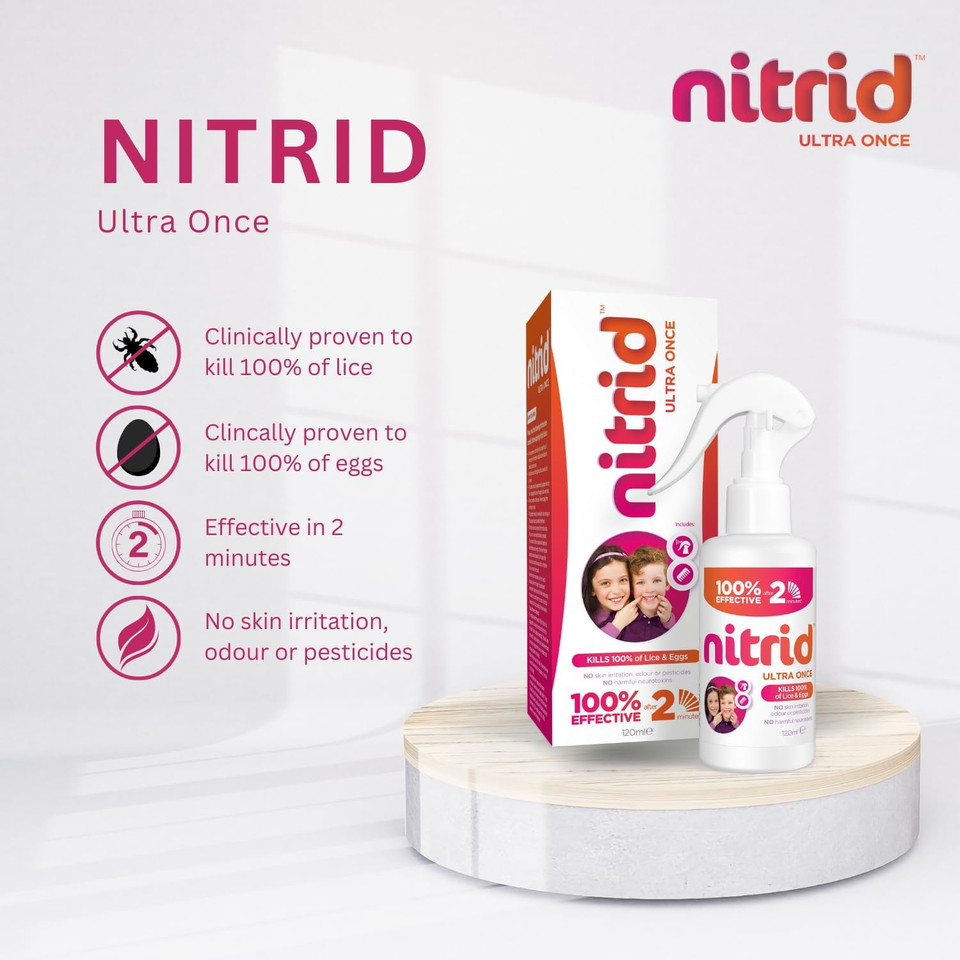 Nitrid Ultra Once All-in-One Head Lice Treatment Spray & Comb - 100% Effective on Lice & Eggs in 2mins, Includes Spray 120ml & Nit Comb - 2023 New Formulation