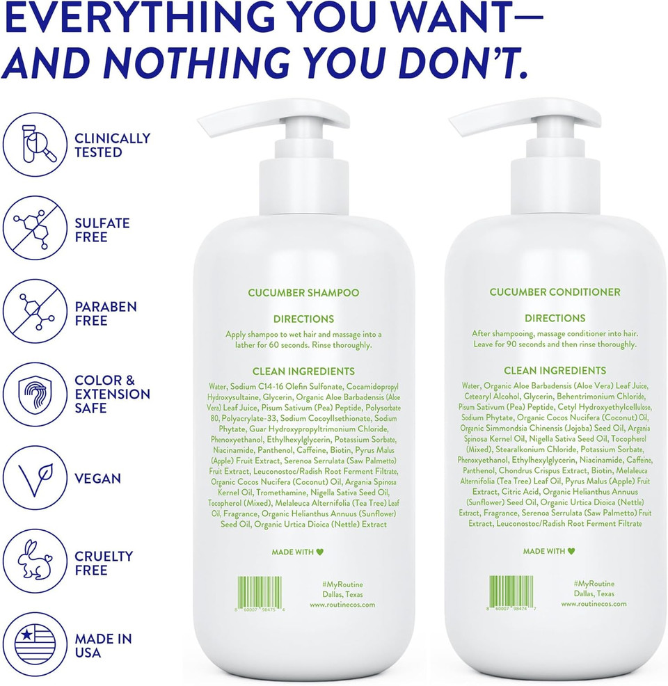 Routine Wellness Anti-Thinning Shampoo and Conditioner Set for Thinning Hair - Biotin DHT Blocker Women & Men - Color Safe Shampoo for Hair Loss & Healthier Growth (Pack of 2) (Cucumber)