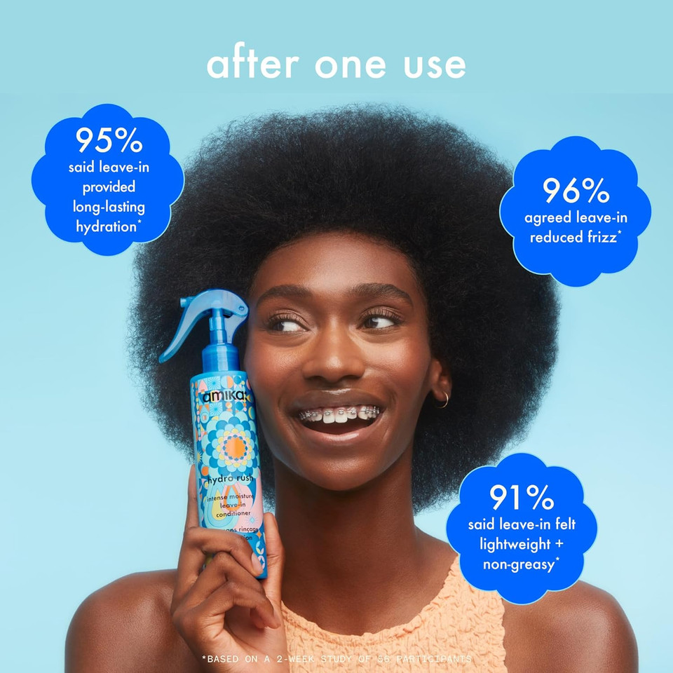 amika hydro rush intense moisture leave in conditioner spray - frizz-reducing detangling spray - hydrating hair care infused with hyaluronic acid, squalane + polyglutamic acid (200 ml)