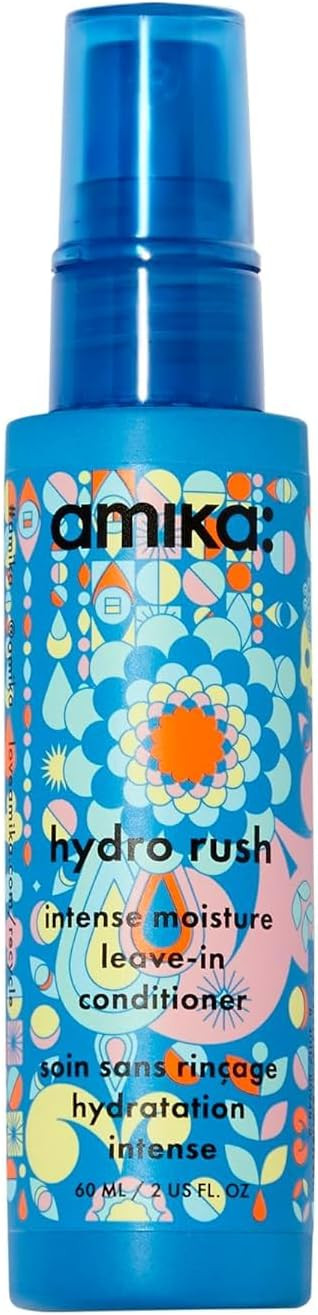 amika hydro rush intense moisture leave in conditioner spray - frizz-reducing detangling spray - hydrating hair care infused with hyaluronic acid, squalane + polyglutamic acid (60 ml)