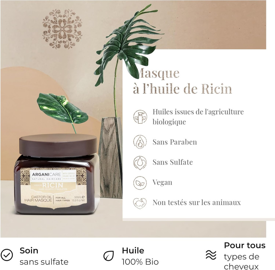 ARGANICARE | Ricin range | Strengthening Mask 500 ml + Shampoo 50 ml | With organic castor oil | Hair care | Feed | Reinforce | Moisturises | All hair types