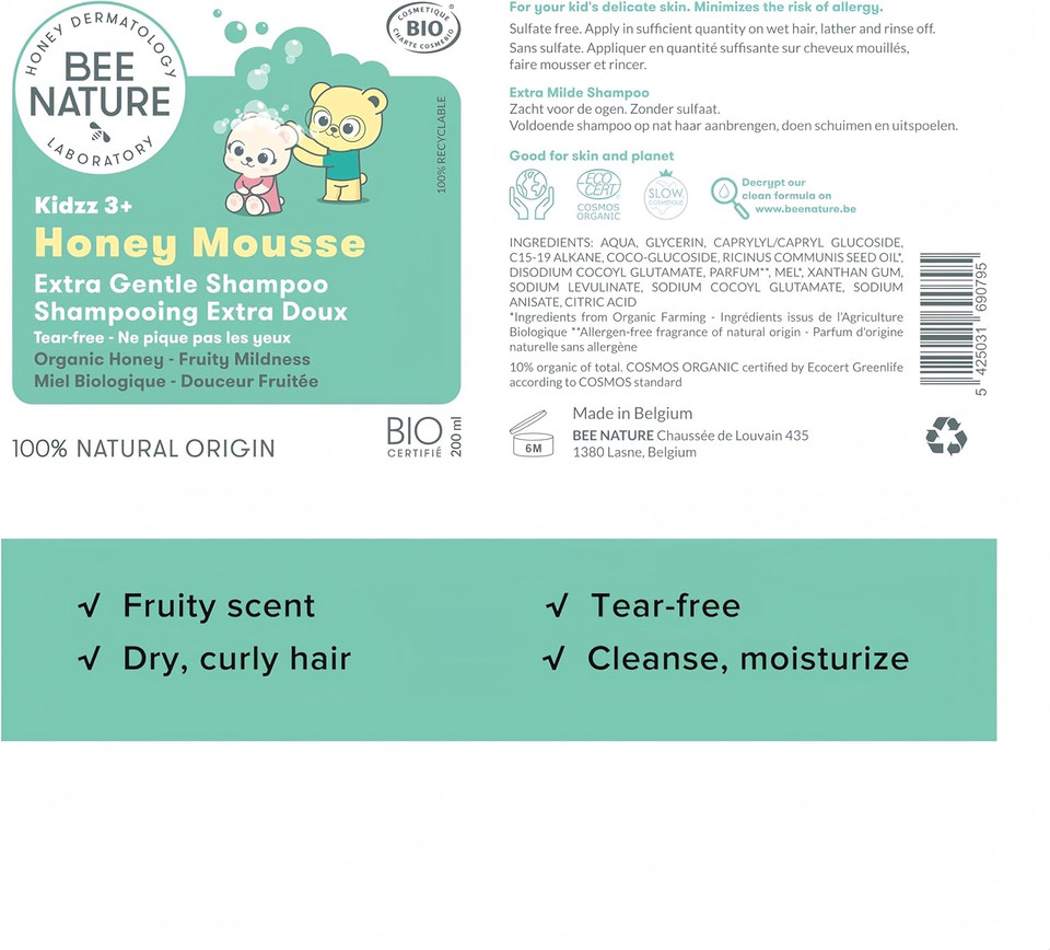 Bee Nature - Kids Shampoo - Organic Honey Mousse - Detangles & Nourishes - Tear Free - 100% Natural - Fruity Sweetness Scent - Suitable for Dry, Sensitive Skin and Scalp - 200ml