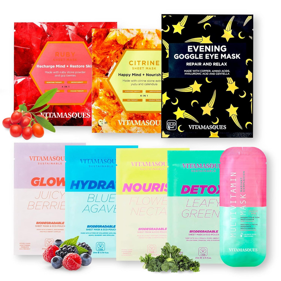 Vitamasques Vegan Face Sheet Masks Kit, 8-Pack - Collection Of Triple-Layer Sheet Facial Masks Made With Premium And Natural Ingredients To Boost Your Skincare Routine After Cleansing And Toning