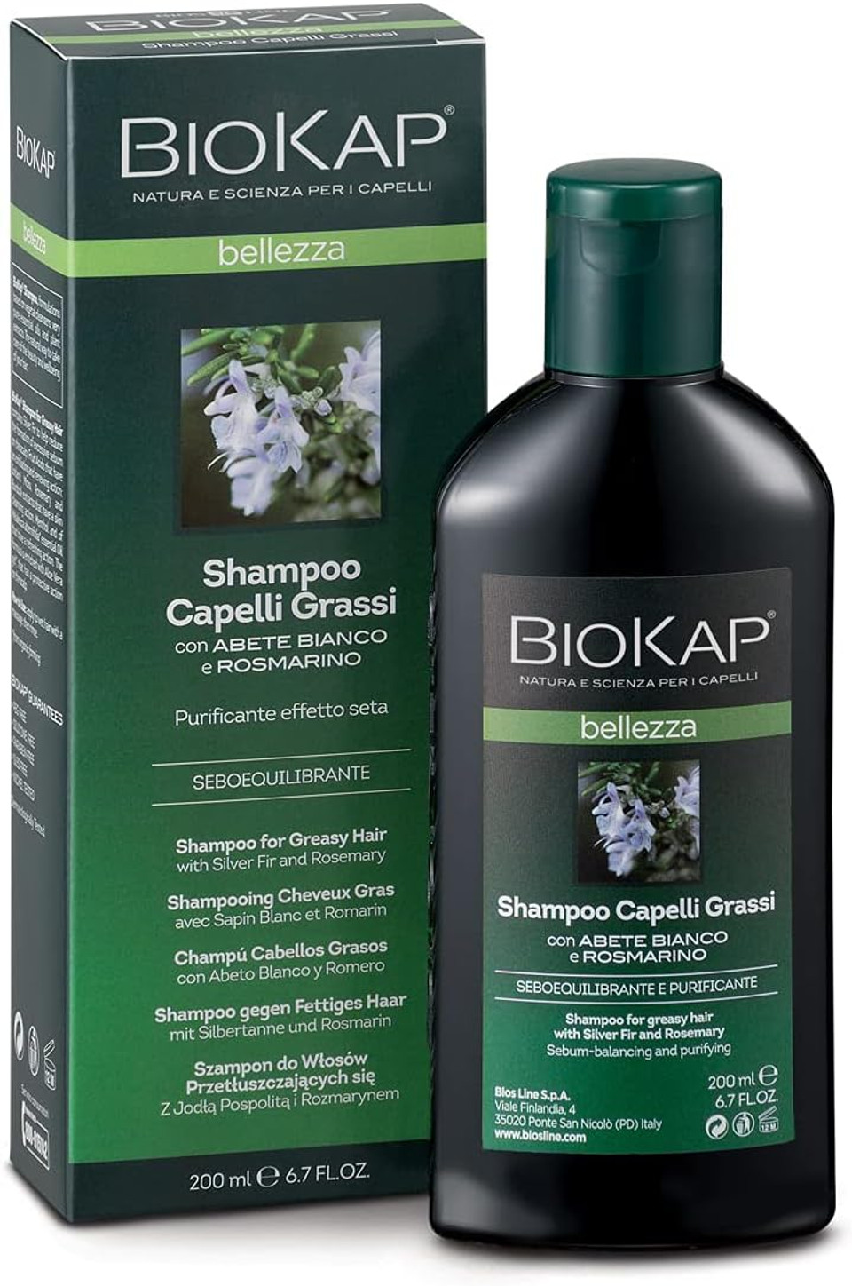 BIOKAP BELLEZZA Shampoo for Oily Hair 200 ml | for Fragranced Light and Soft Hair - Vegetable Active Ingredients - Silver Fir - Organic Rosemary - Icelandic Moss - Menthol - Vegan