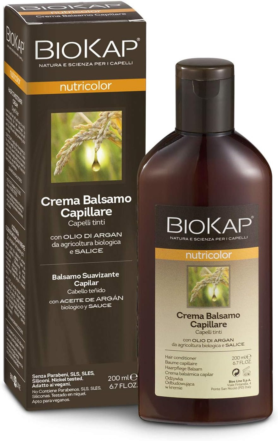 BIOKAP Nutricolor Premium Balm Conditioner 200 ml for Coloured Hair - Vegetable Active Ingredients - Organic Argan Oil - Willow Extract - Rosemary - Eucalyptus - Vegan