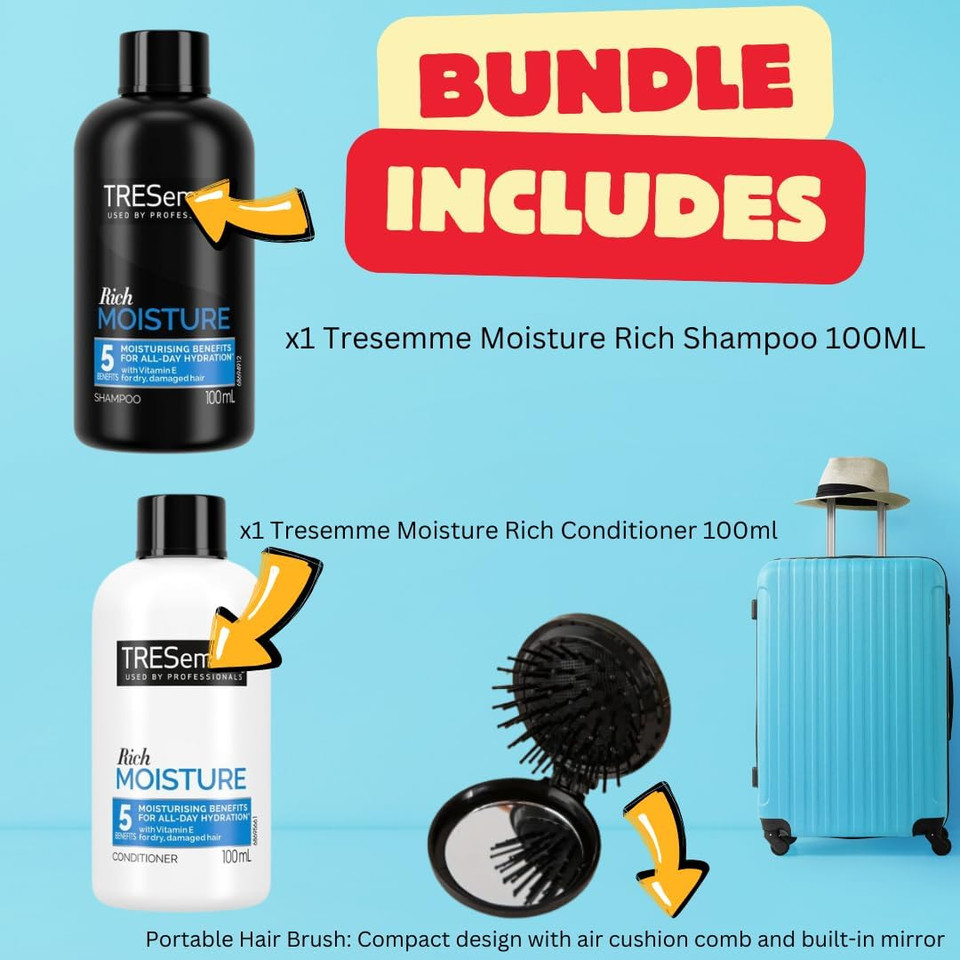 Tresemme Shampoo & Conditioner Bundle (100ml Each) with BVO Luxe Folding Brush  Complete Tresemme Mini Shampoo and Conditioner Travel Size Set