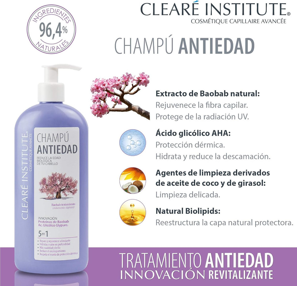 Cleare Institute Anti-Aging Repair Shampoo - Repairs and Rejuvenates Your Hair, Hydrates and Nourishes, SLE Sulfates, SLS, Silicones and Parabens, 96% Natural Ingr, Anti-Crepe Hair - 400 ml