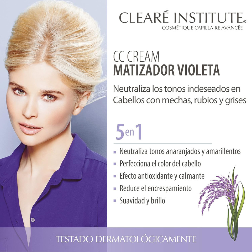 Clearé Institute Violet Mattifying CC Cream | Purple Matte Skin That Neutralises Unwanted Tones in Highlights, Blondes and Grey Tones | 95.8% Natural Ingredients 200 ml