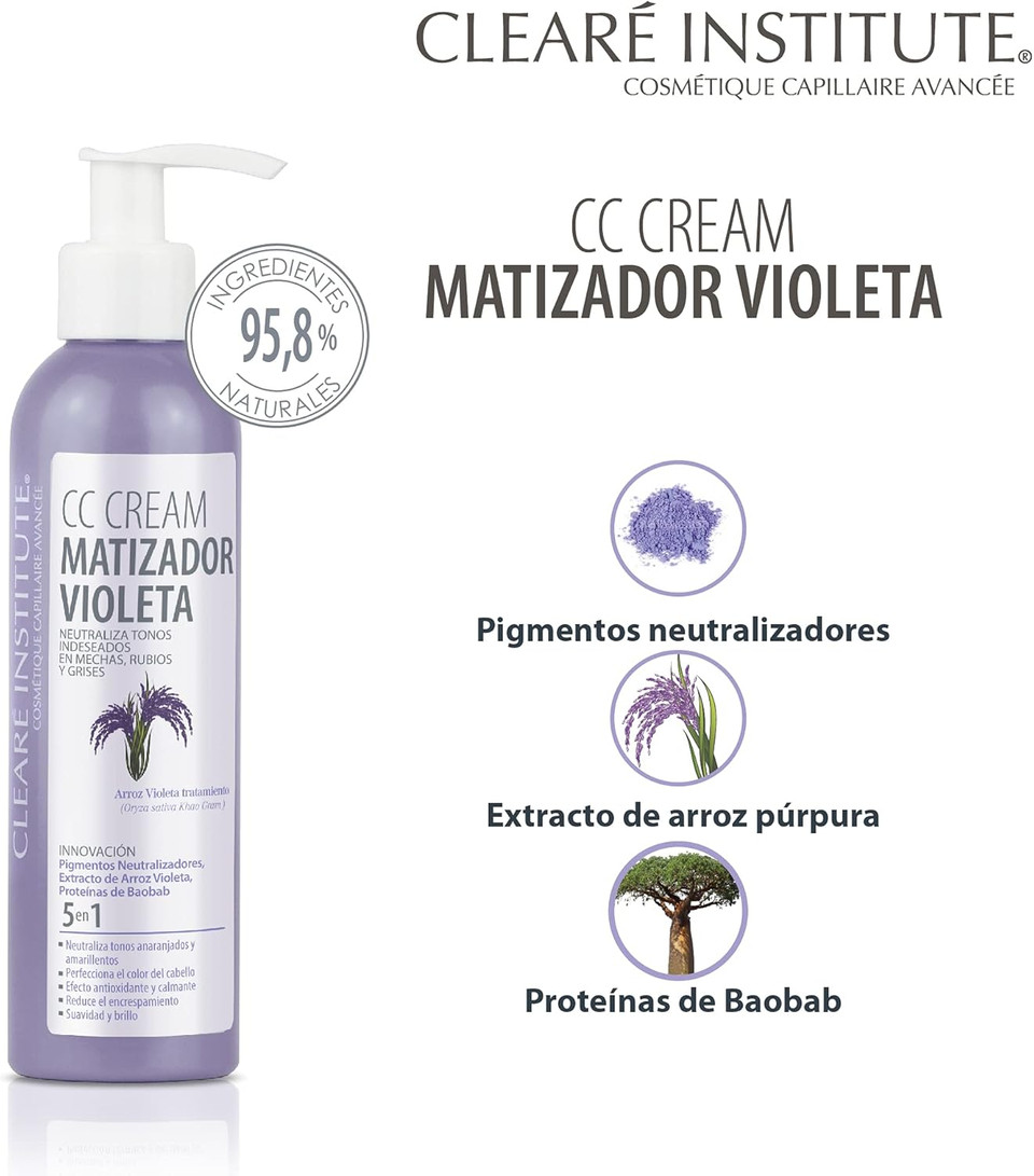 Clearé Institute Violet Mattifying CC Cream | Purple Matte Skin That Neutralises Unwanted Tones in Highlights, Blondes and Grey Tones | 95.8% Natural Ingredients 200 ml