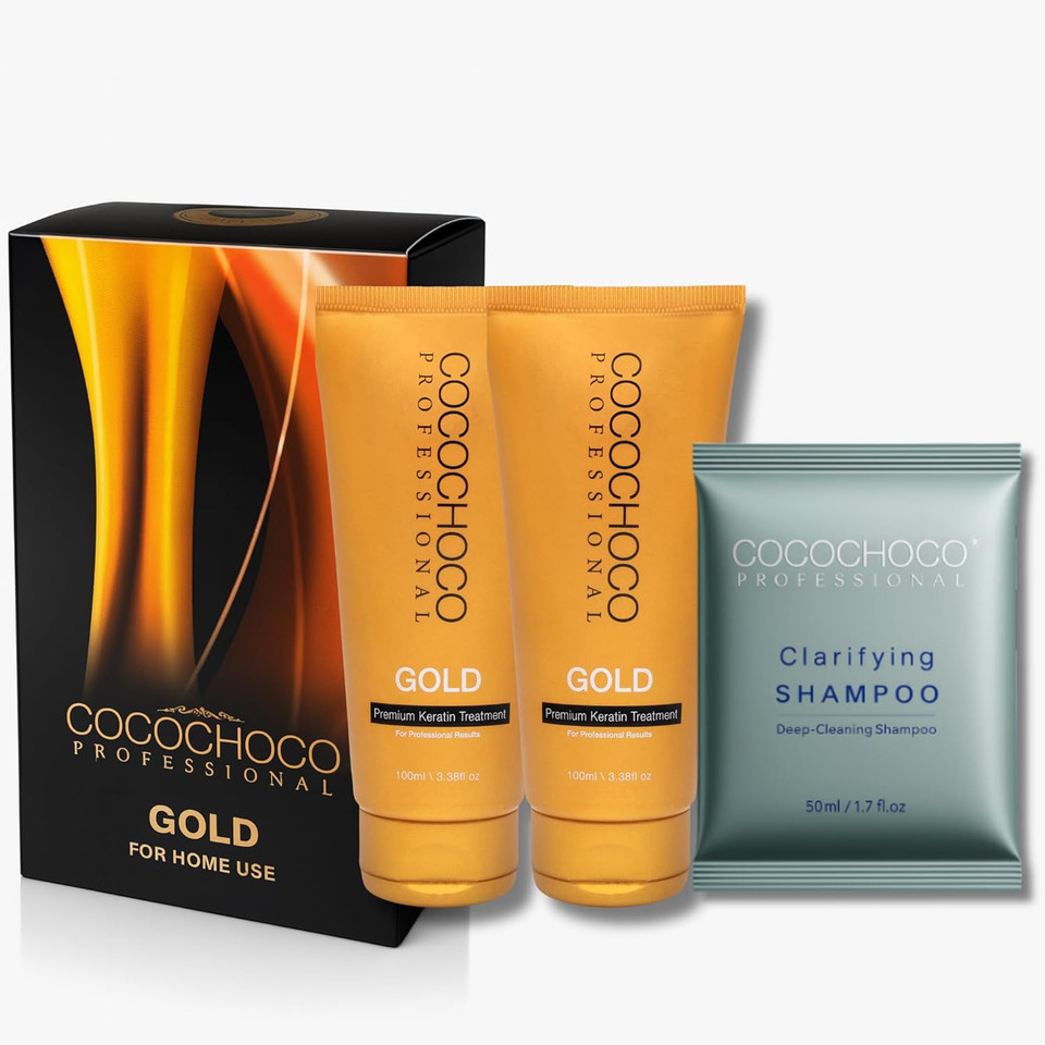 Cocochoco Professional Gold Keratin Kit In Box - Gold Keratin Hair Treatment (200 Ml) And Cleansing Shampoo (50 Ml) - Complex Keratin Treatment For Hair Straightening - For All Hair Types