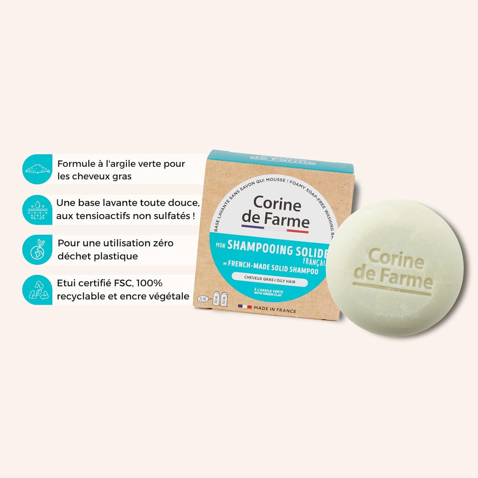 Corine de Farme, 04097301 Solid Shampoo for Oily Hair, Vegan, Purifying Green Clay Formula, Biodegradable Shampoo Made in France, Eco-Friendly and Zero Waste