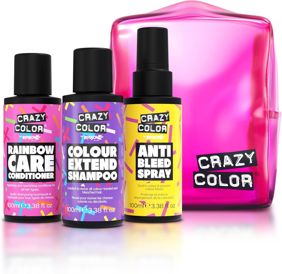 Crazy Color Haircare Travel Kit | 3 x 100ml Essentials for Coloured Hair Vibrancy | Extend Shampoo, Rainbow Conditioner & Anti-Bleed Spray | Vegan