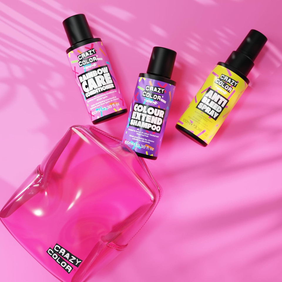 Crazy Color Haircare Travel Kit | 3 x 100ml Essentials for Coloured Hair Vibrancy | Extend Shampoo, Rainbow Conditioner & Anti-Bleed Spray | Vegan