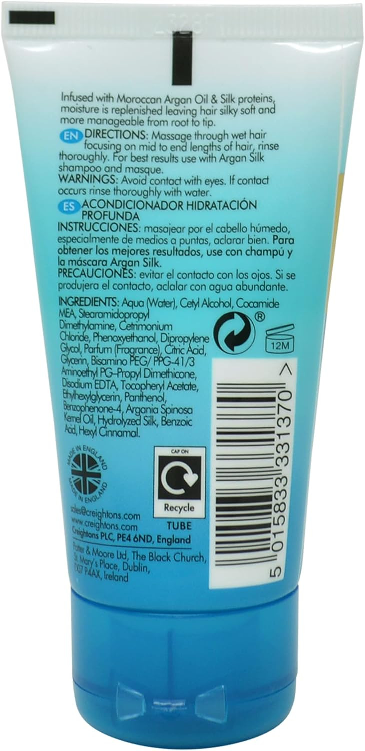 Creightons Argan Silk Moisture Rich Conditioner (50ml Travel Size Mini) - Professionally formulated with argan oil from Morocco, Replenishes moisture for strength & shine, For all hair types, Clear