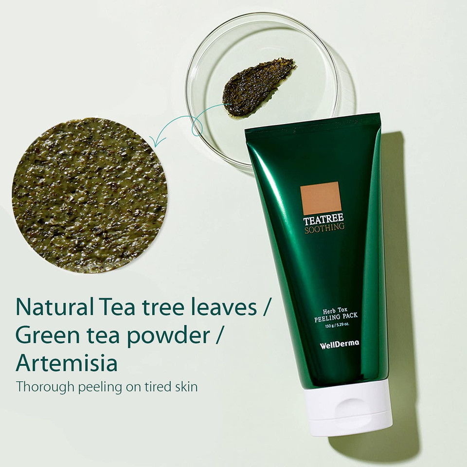 Wellderma Chadew Tea Tree Herb Tox Peeling Pack 5.07Oz. - Pore Purifying And Exfoliating Wash Off Mask With Green Tea And Hyaluronic Acid, For Dead Skin Cell Removal, Oil Control And Refreshing
