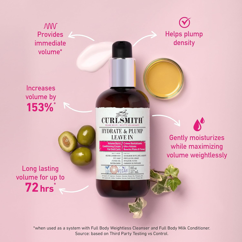 Curlsmith - Hydrate & Plump Leave In Hair Conditioner, Volumizing and Nourishing for Wavy, Curly or Coily Hair, Vegan (237ml/8fl oz)