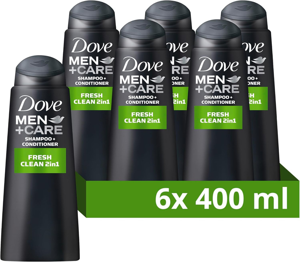 Dove Men+Care Fresh Clean 2 in 1 Shampoo and Conditioner cleansing shampoo with caffeine and menthol for deeply cleansed, revitalised hair 6x 400 ml