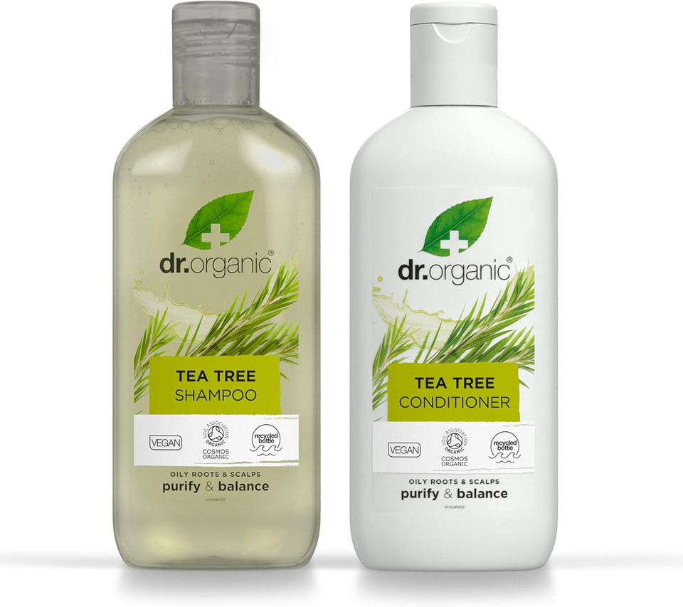 Dr Organic Tea Tree Shampoo & Conditioner Set with Travel Bag, Purifying, Oily Roots Natural, Vegan, Cruelty-Free, Paraben & SLS-Free, Recyclable & Recycled Ocean Bound Plastic, Organic, 265ml