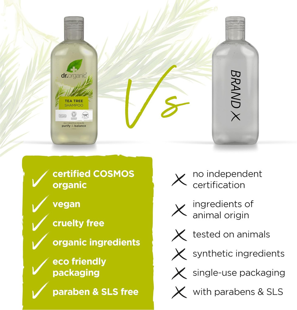 Dr Organic Tea Tree Shampoo & Conditioner Set with Travel Bag, Purifying, Oily Roots Natural, Vegan, Cruelty-Free, Paraben & SLS-Free, Recyclable & Recycled Ocean Bound Plastic, Organic, 265ml