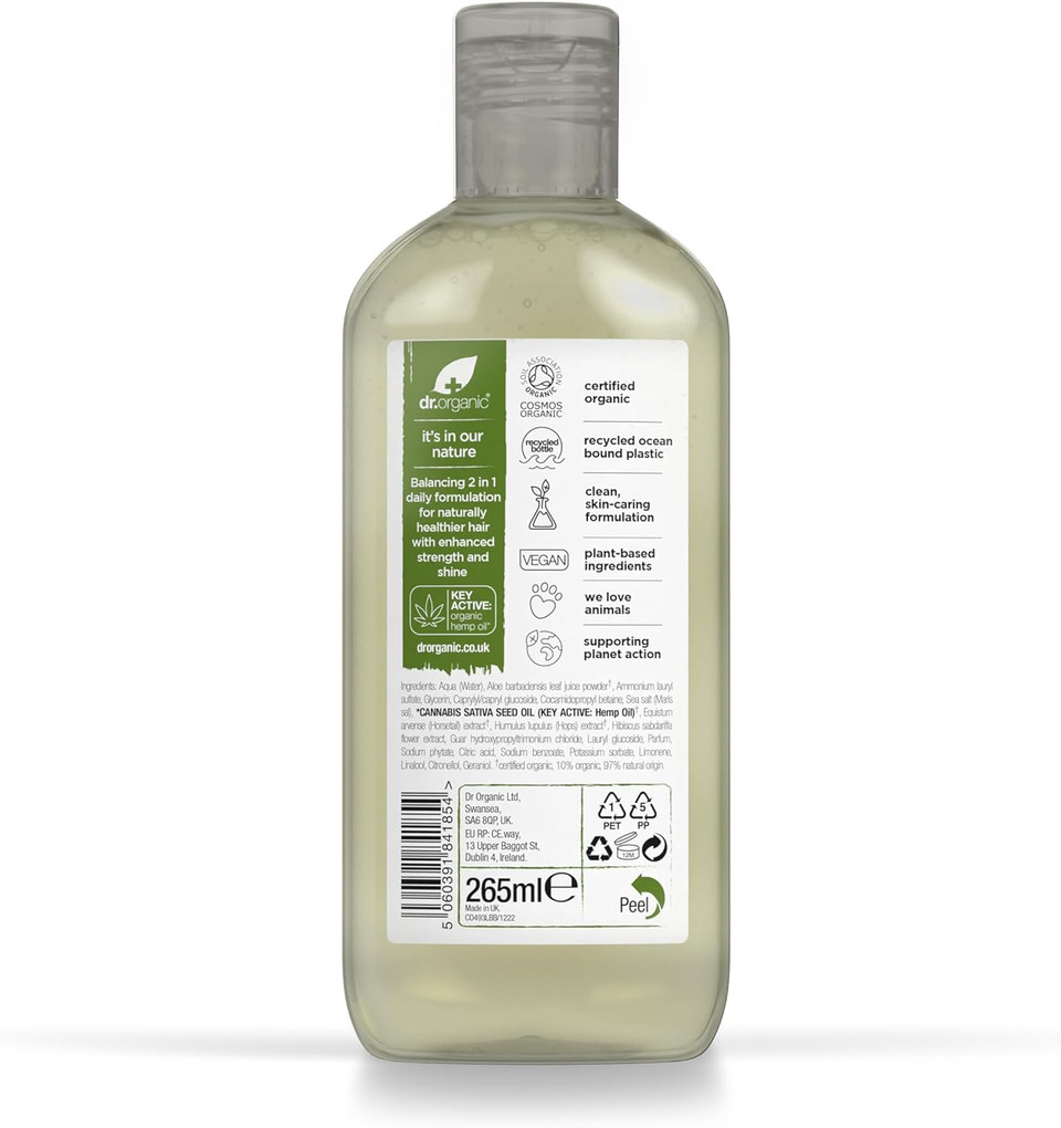 Dr Organic Hemp Oil 2 in 1 Shampoo & Conditioner, Fine Hair, Fine Hair, Mens, Womens, Natural, Vegan, Cruelty-Free, Paraben & SLS-Free, Certified Organic, 265ml, Packaging may vary (Pack of 2)