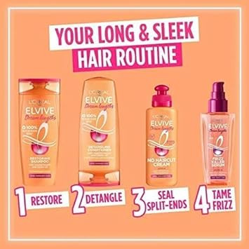 L'Oréal Elvive Dream Lengths Shampoo 250ml & Conditioner 200ml Set for Long Hair, Nourishing Repair with Castor Oil & Vitamins for Damaged Ends, Smooth & Strong Hair