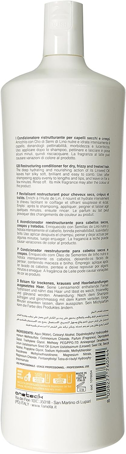 Fanola Restructuring Conditioner, Hydration and Nourishment to Dry, Stressed and Damaged Hair, Enriched Formula with Milk Proteins, 350