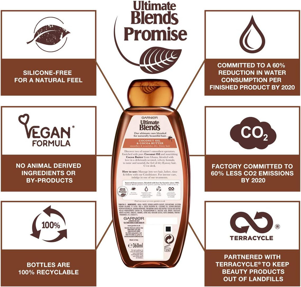 Garnier Ultimate Blends Shampoo & Conditioner Set | Sleek Restorer With Coconut Oil & Cocoa Butter Smoothing for Sleek, Smooth, Frizz-Free Hair | 360 ml |