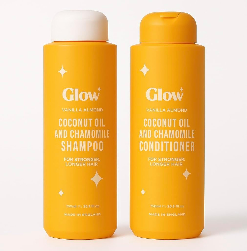 Glow Coconut Oil, Chamomile Shampoo 750ml - Vanilla Almond & Glow Vanilla Almond Conditioner 750ml