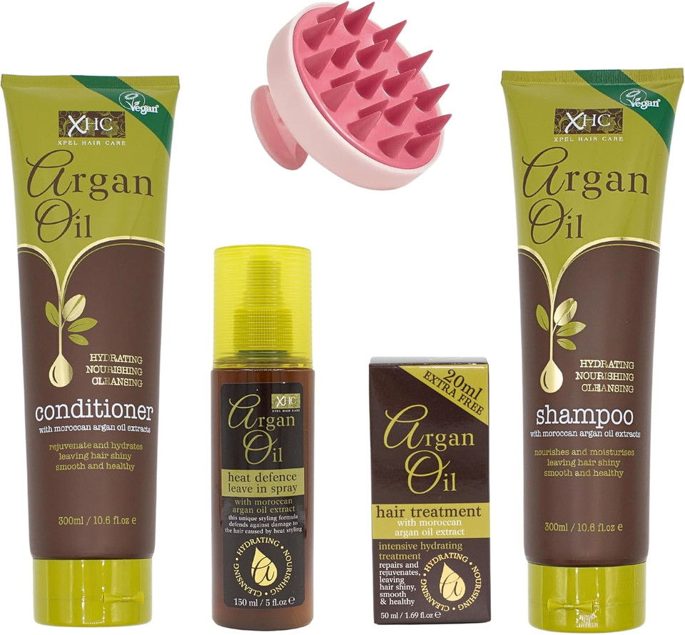 Argan Oil Shampoo And Conditioner (300ml) with Argan Oil Heat Protection (150ml) and Hair Treatment (50ml) Bundled with Glameno Scalp Massager