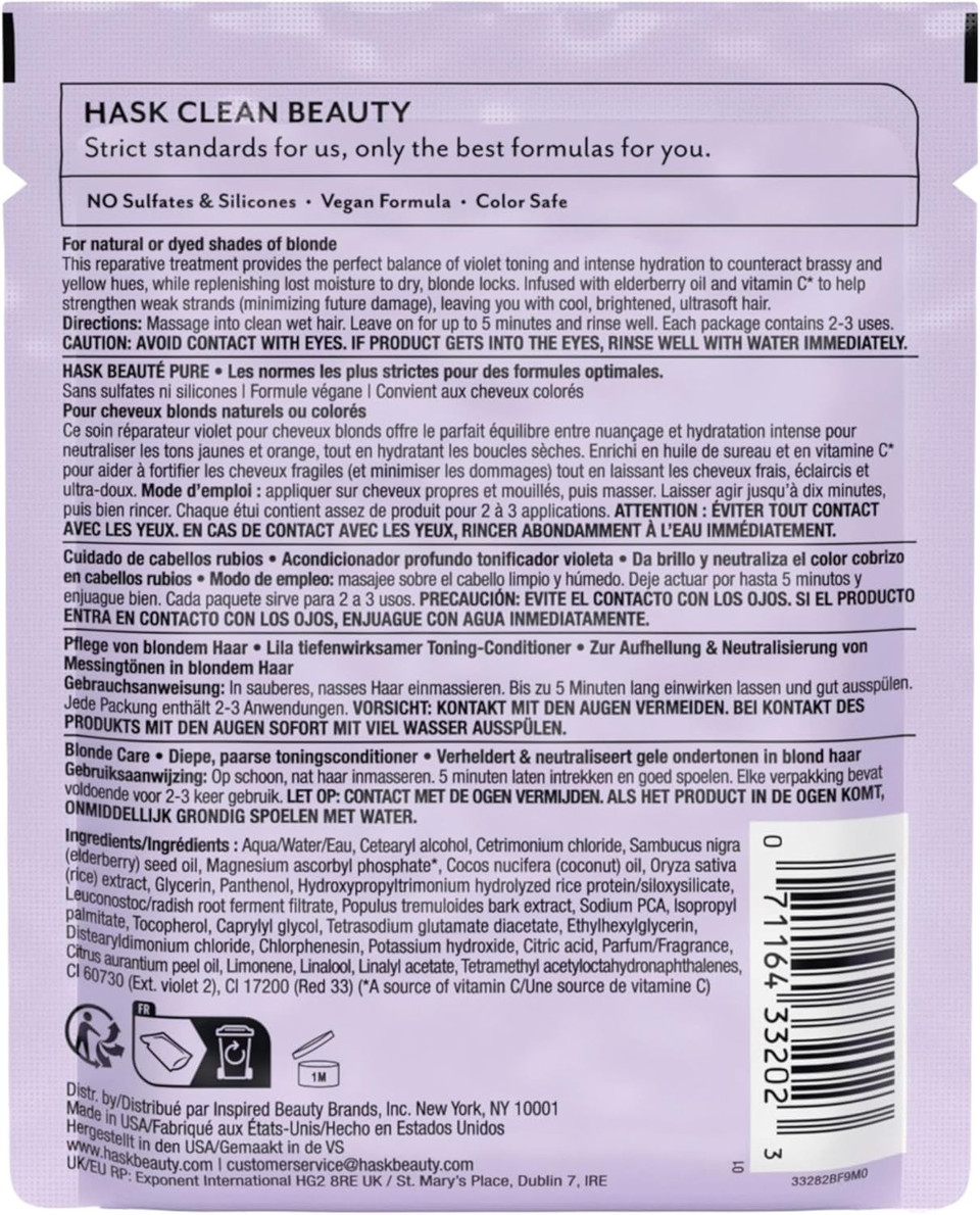HASK Blonde Care Deep Conditioner Treatment for all hair types, colour safe, gluten free, sulfate free, paraben free - 1 50mL Packette