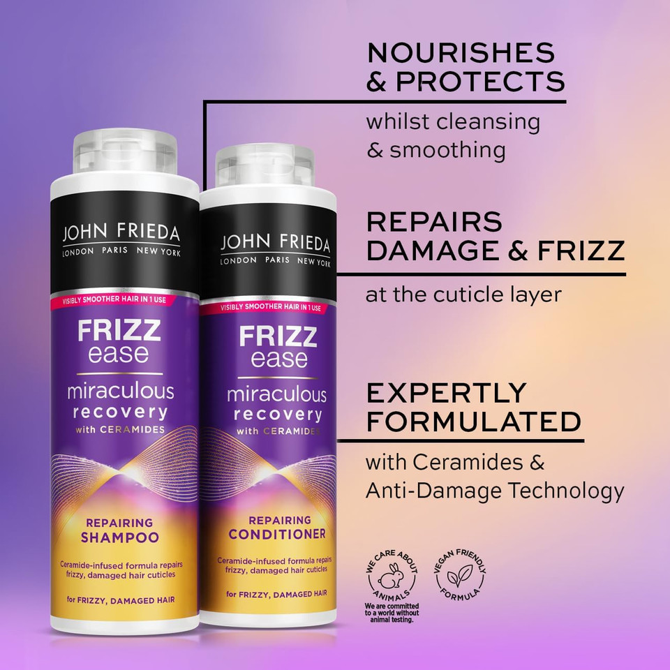 John Frieda Frizz Ease Miraculous Recovery Shampoo And Conditioner Duo Pack 2 X 500ml, Repairing And Smoothing Shampoo And Conditioner Bundle Dry, Damaged Hair