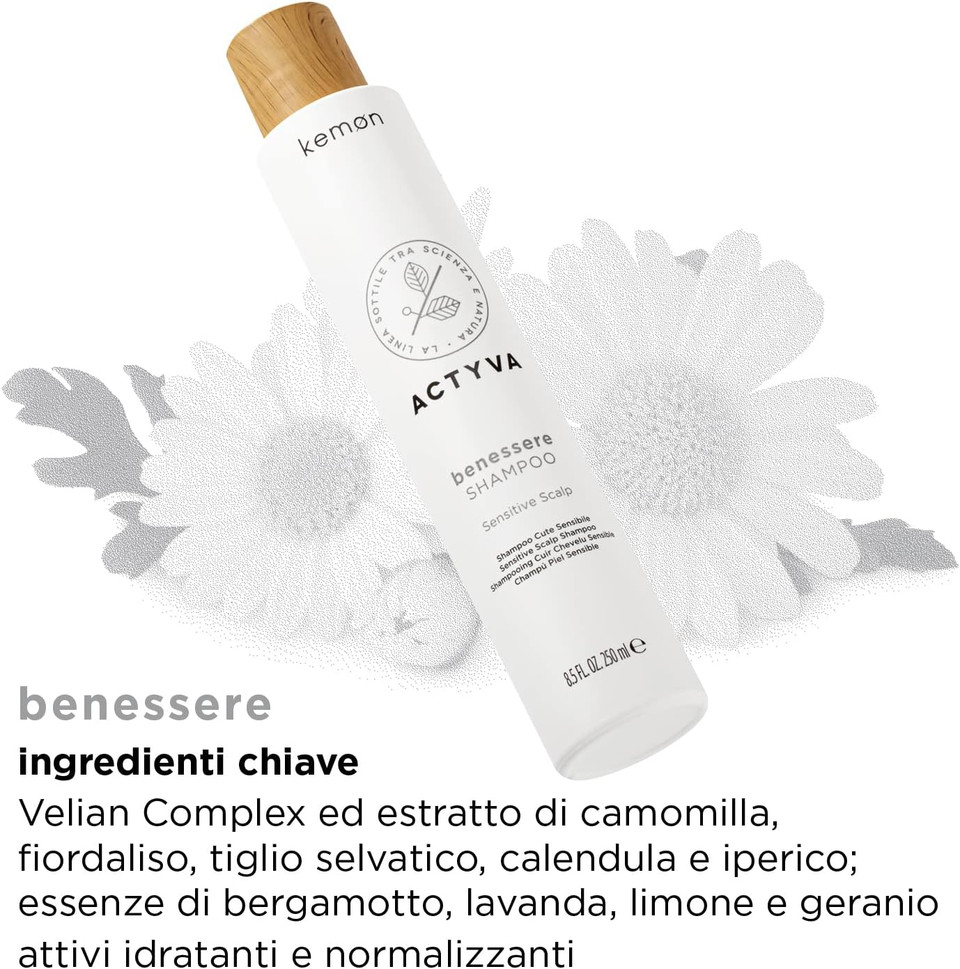 Kemon Actyva Benessere Shampoo - Moisturising Hair Wash for Scalp Care, Mild Hair Care for Sensitive Scalp, 250 ml