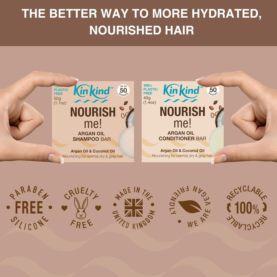 KinKind Shampoo Bar. NOURISH Me! Coconut & Argan Oil Shampoo Bars for hair UK made. Hydrating Solid Shampoo Bar for Normal, Dry & Grey Hair. Natural Travel Shampoo. Up to 50 Washes. Vegan