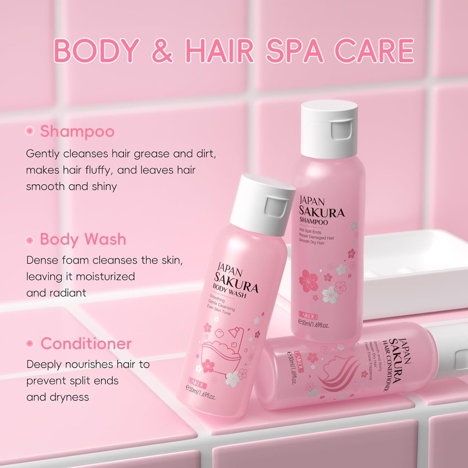 LAIKOU Sakura Spa Gift Set, Bath & Hair Care Travel Kit, Shampoo, Conditioner & Body Wash, Hydrating, Nourishing & Gentle for All Skin & Hair Types, Christmas Birthday Gifts for Women Teenage Girl LAIKOU Sakura Spa Gift Set, Bath & Hair Care Travel Kit, Shampoo, Conditioner & Body Wash, Hydrating, Nourishing & Gentle for All Skin & Hair Types, Christmas Birthday Gifts for Women Teenage Girl
