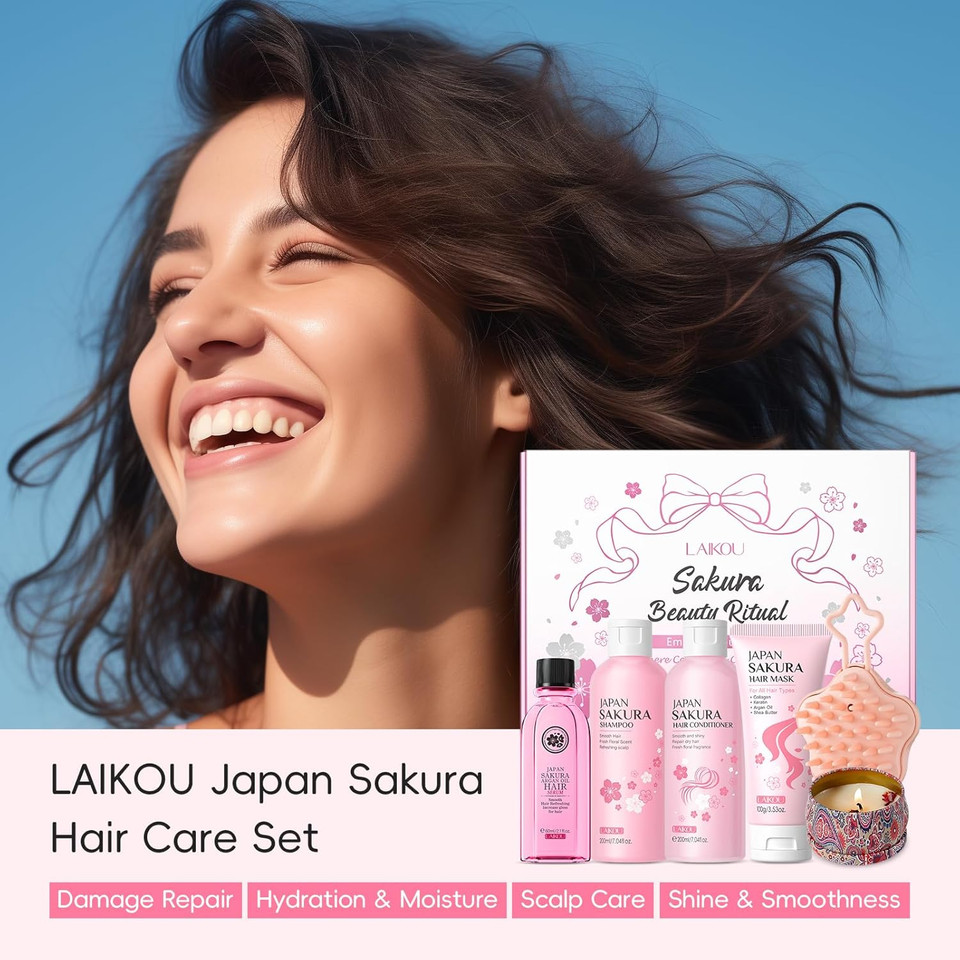 LAIKOU Sakura Hair Care Set, 6PCS Unique Self Care Package, Shampoo, Conditioner, Hair Mask, Argan Oil Serum, Scalp Brush & Scented Candle, Christmas Birthday Pamper Gifts for Women Teenage Girl LAIKOU Sakura Hair Care Set, 6PCS Unique Self Care Package, Shampoo, Conditioner, Hair Mask, Argan Oil Serum, Scalp Brush & Scented Candle, Christmas Birthday Pamper Gifts for Women Teenage Girl