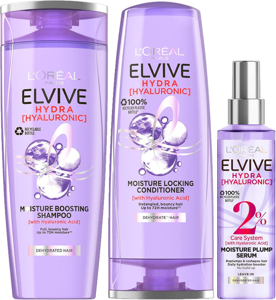 L'Oreal Paris Elvive Hydra Hyaluronic Shampoo, Conditioner and Serum Set with Hyaluronic Acid, Hair Care Treatment with Anti Frizz Spray for Dry Hair, Shampoo 500ml, Conditioner 400ml, Serum 150ml
