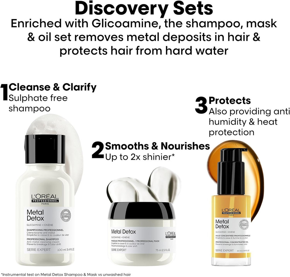 LOréal Professionnel Metal Detox Shampoo, Hair Mask & Hair Oil Discovery Kit, Prevent Damage and Colour Fade from Hard Water, Clarifying shampoo, Hair Treatment, Shine, 100ml, 75ml & 30ml