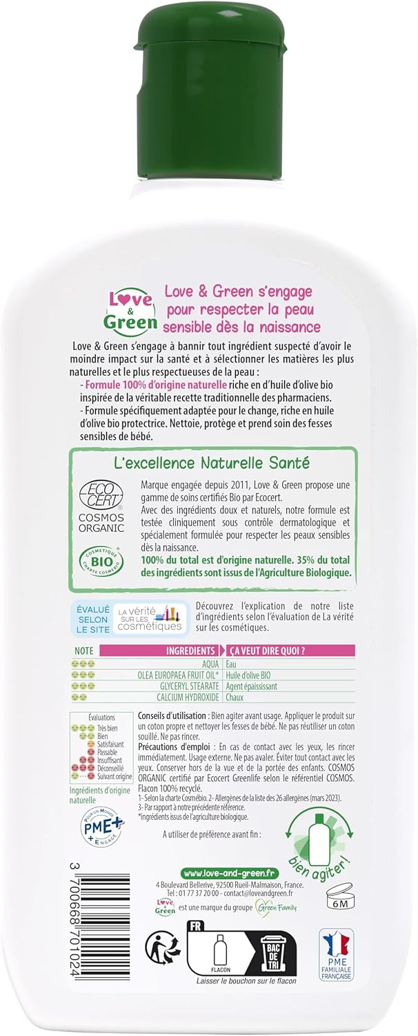 Love & Green BioLiniment Certified Organic Fragrance Free  500 ml  Made in France