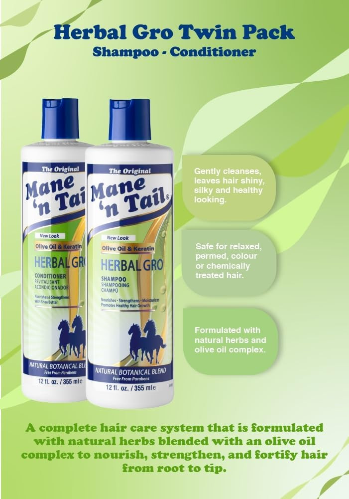 Mane 'n Tail Herbal Gro Shampoo and Conditioner Twin Pack, Nourishes and Strengthens, Olive Oil and Keratin, 355 ml (Pack of 1)