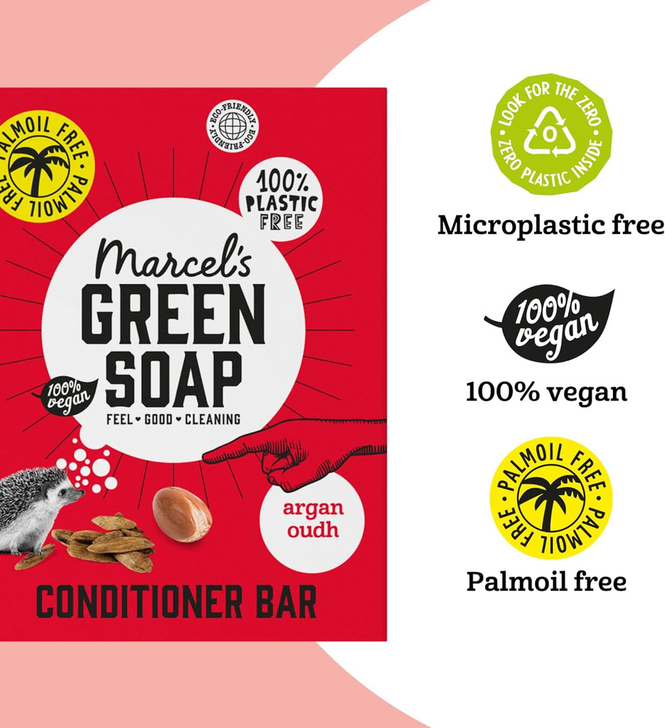 Marcel's Green Soap Hair Conditioner Bar Argan & Oudh - Eco-Friendly, Zero Plastic Packaging - Free from Palm Oil, Suitable for Vegans, Compact and Long-Lasting, 60 grams (Pack of 2)