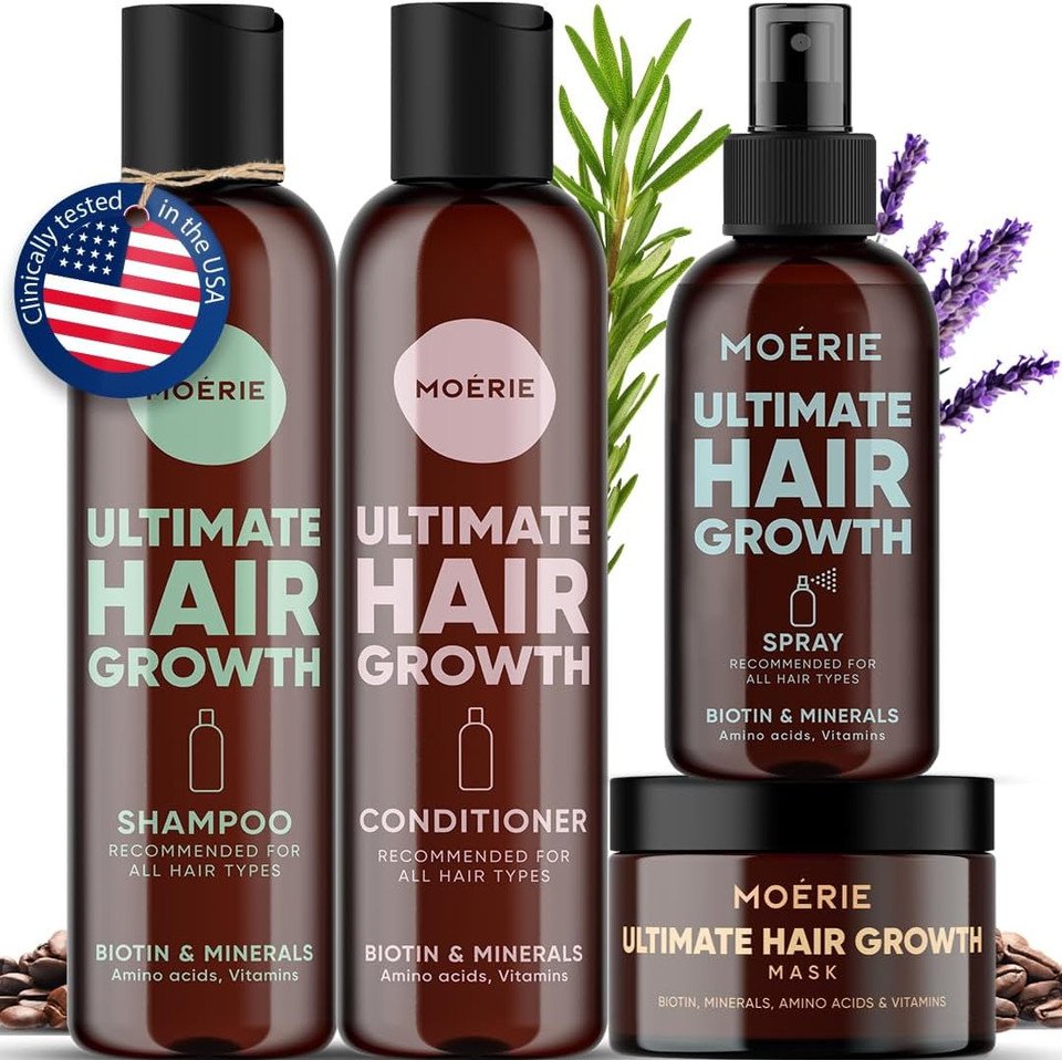 Moerie Mineral Shampoo and Conditioner Plus Hair Mask and Hair Spray Mega Pack  The Ultimate Hair Care Set  For Longer, Thicker, Fuller Hair - Vegan Hair Products  Paraben & Silicone Free Products